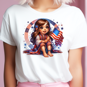 White short sleeve t-shirt with an adorable little hippie girl holding an American flag while appearing to be watching fireworks.