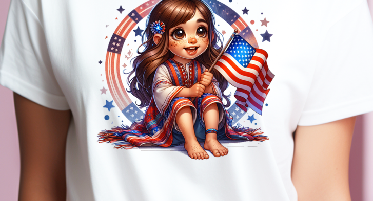 White short sleeve t-shirt with an adorable little hippie girl holding an American flag while appearing to be watching fireworks.