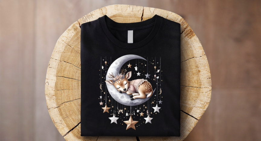 Shirt of a baby boy deer sleeping adorably on a crescent moon with stars all around.