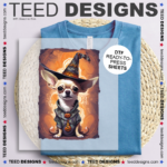 DTF Sales Graphic for Teed Designs - a shirt mockup with a mockup of a wizard chihuahua on a DTF sheet mockup.