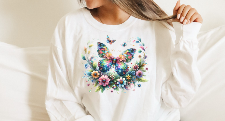 Teed Designs beautiful colorful butterfly image on a white long sleeve t-shirt