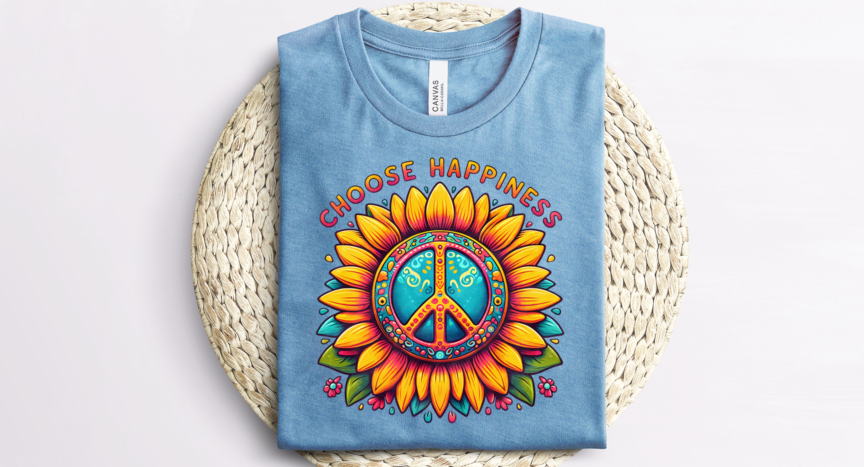 Blue shirt mockup of an image that says Choose Happiness over top of a sunflower with a peace symbol in the middle