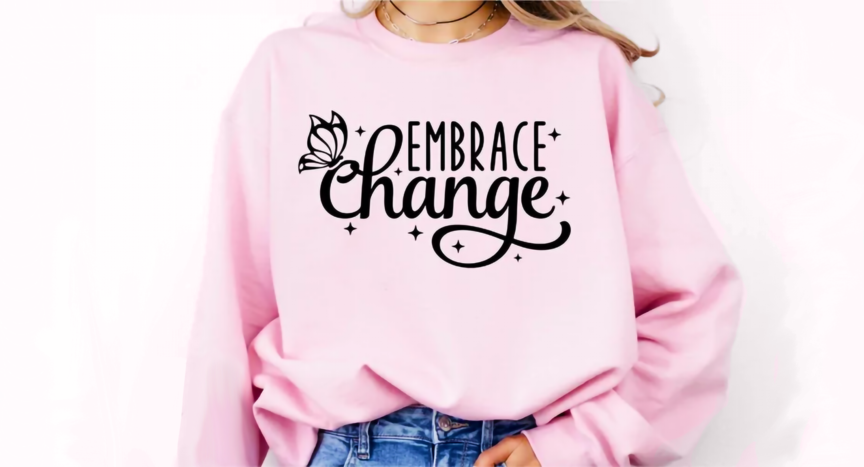 The words Embrace Change written in script with a butterfly sitting on the C in change.