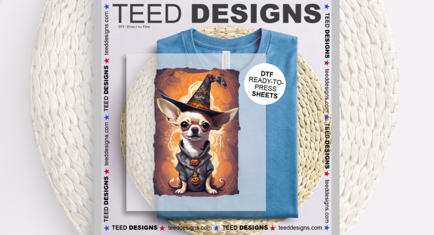 DTF Sales Graphic for a Teed Designs blog post of a shirt mockup and a dog on the Direct to Film illustration.