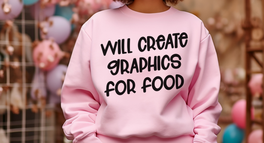 Pink sweatshirt with the humorous words, Will Create Graphics for Food